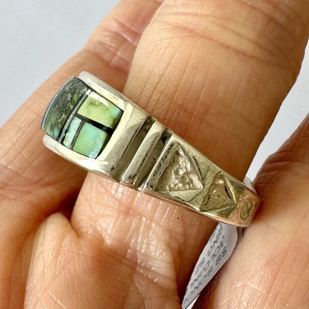 Navajo Inlay Sonoran Turquoise Opal Wedding Band Sz 11 9mm Ring Mens Tolino